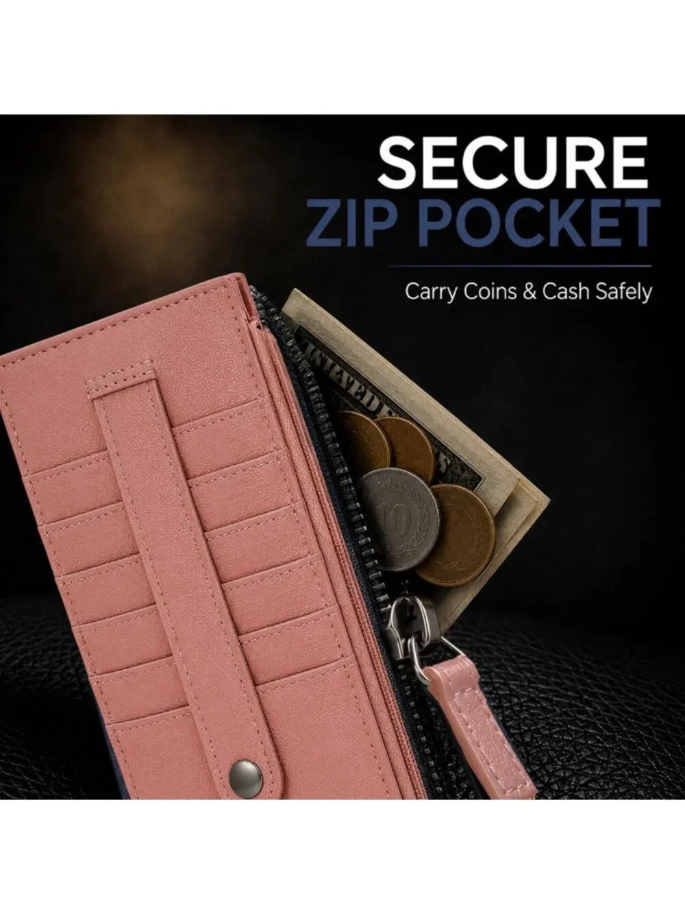 Slim Leather Card Case Holder Wallet with Protection Strap - Peach Color